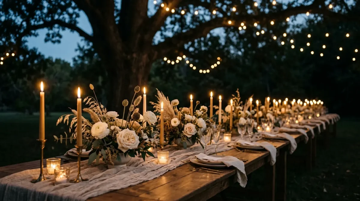 A long wooden table set beneath an old oak at dusk, lit by tapers and votives, with string lights in the branches and white roses along a linen runner.