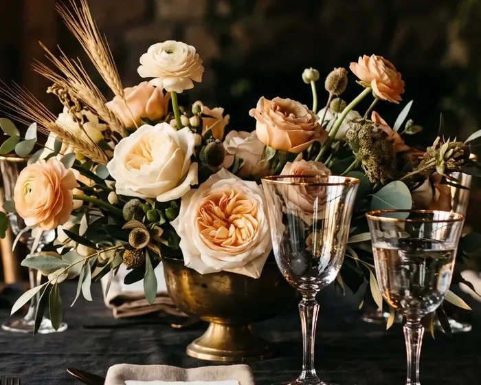 Close detail of a brass bowl of cream and peach garden roses with wheat, beside gold-rimmed glasses.